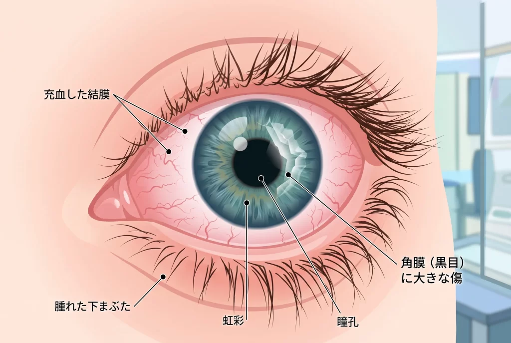 角膜（黒目）に大きな傷がつく（角膜炎）